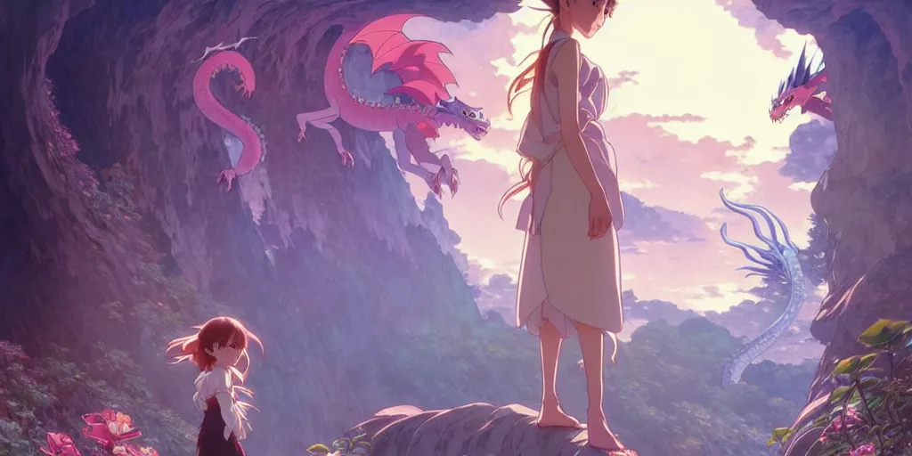 Prompt: the girl and the magic dragon. anime visual, early in the morning. by hayao miyazaki and rossdraws and artgerm and greg rutkowski and alphonse mucha. anime production by studio ghibli. high quality, stunning, intricate detailed environment. 8 k