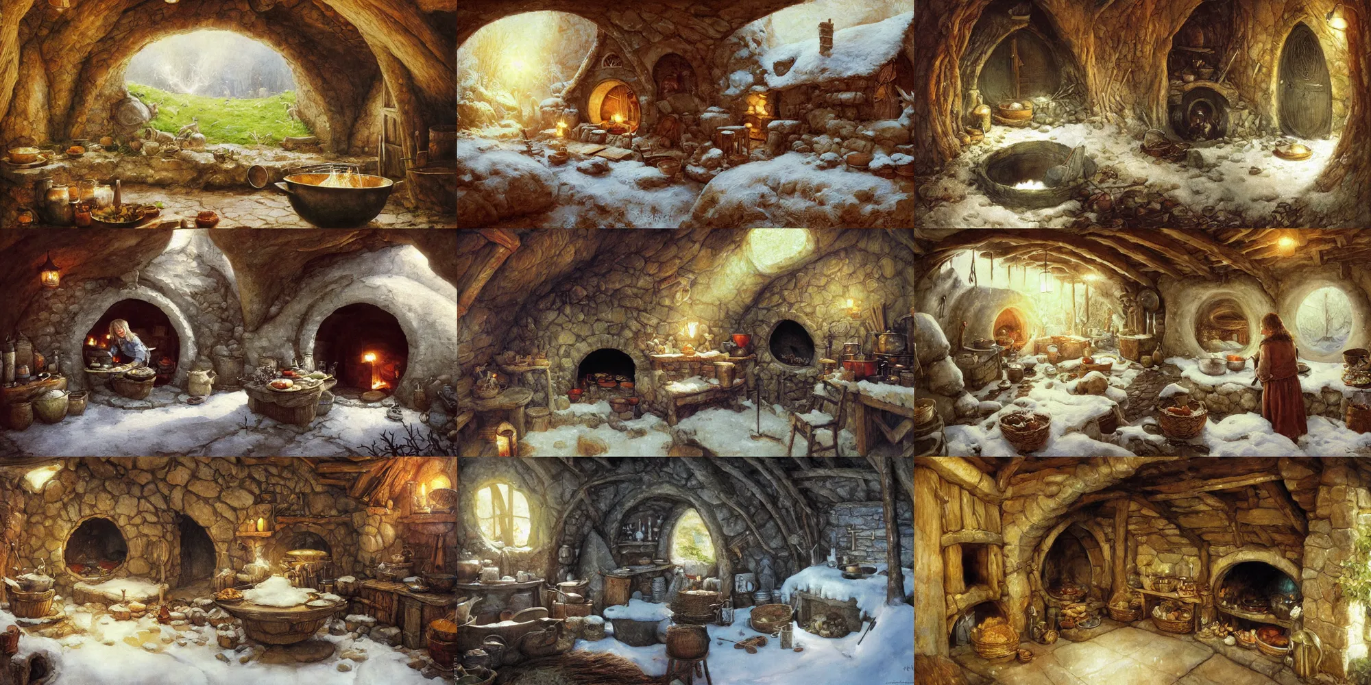 Prompt: first person viewpoint from a hobbit cooking inside her hobbit hole home, by alan lee, art station, dust flickers in beams of light from the windows, finely detailed cookware, warm colors, snowfall outside, oil painting