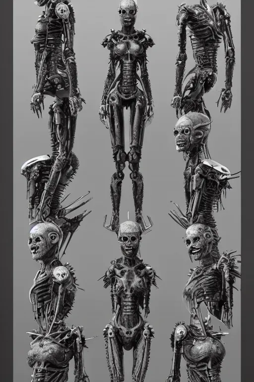Image similar to cyborg zombie queen with gunmetal grey skin, medical anatomy, very symmetrical face, highly detailed, mecha, three - perspective / three - view reference sheet ( front / back / side ), in the style of james gurney, dan ouellette, hr giger, sil from species, dren from splice, biomechanical, artstation, unreal engine