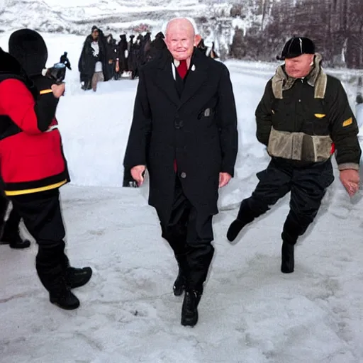 Image similar to john paul ii in a black puffed nuptse, black cargo pants and high black boots, press paparazzi photograph