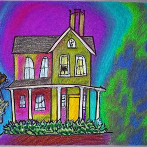 Prompt: pastels drawing of a haunted house, crazy colors, colorful, scary, cartoonish