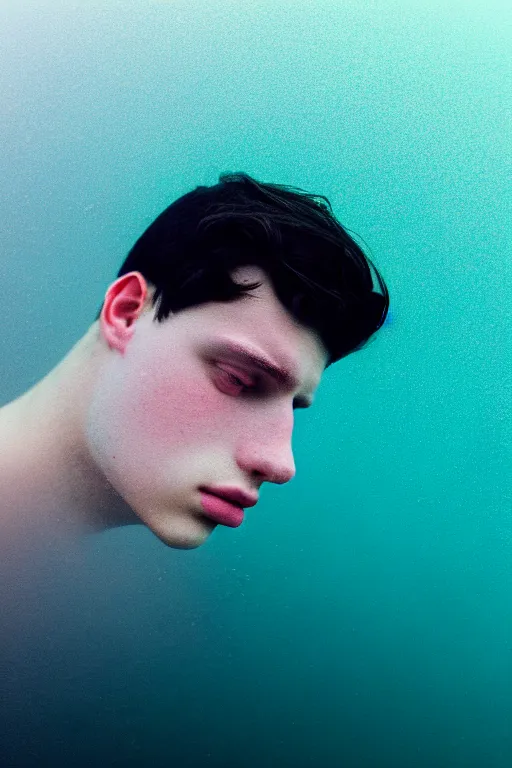 Image similar to high quality pastel coloured film mid angle docu photograph of a beautiful young 2 0 year old male, soft features, short black hair, floating in an icelandic black rock pool environment. atmospheric. three point light. photographic. art directed. ( pastel colours ). volumetric light. clearcoat. waves glitch. 8 k. filmic.