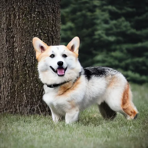 Image similar to A direwolf and corgi mixed dog, photography