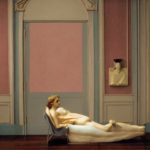 Prompt: a nightmare in a liminal room, film still by wes anderson, depicted by canova, limited color palette, very intricate, art nouveau, highly detailed, lights by hopper, soft pastel colors, minimalist