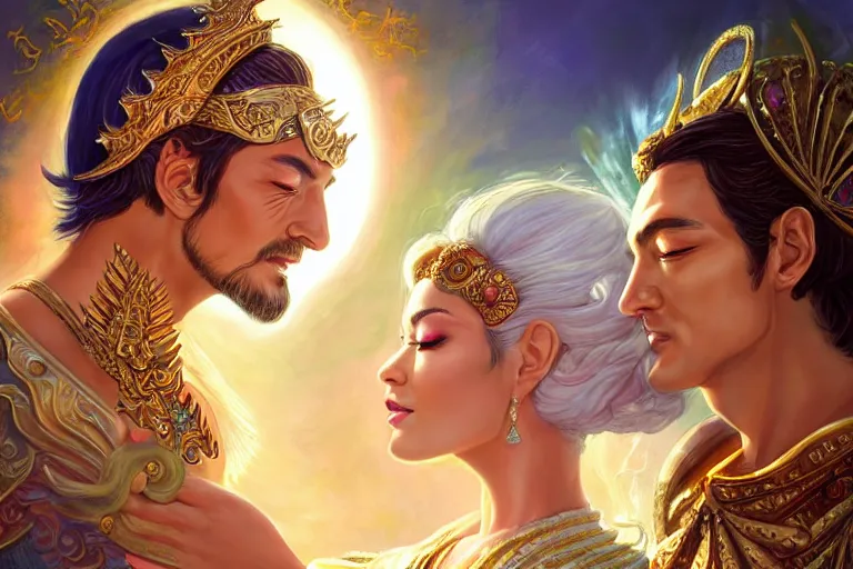 Image similar to close up moment of a divine a sun god and a moon goddess lovers magician at a wedding banquet, highly detailed, d & d, fantasy, highly detailed, digital painting, trending on artstation, concept art, sharp focus, asian feature, illustration, art by artgerm and daniel gerhartz and magali villeneuve