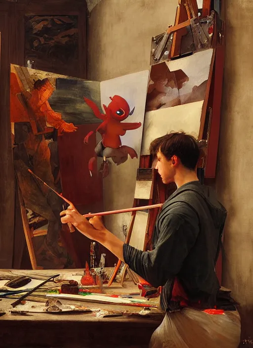 Image similar to a young painter in his studio painting a picture of a red pokemon, by edgar maxence and caravaggio and michael whelan and delacroix style, artistic, intricate drawing, cinematic lighting, hyper realistic, extremely detailed, establishing shot, 8 k resolution, dramatic lighting