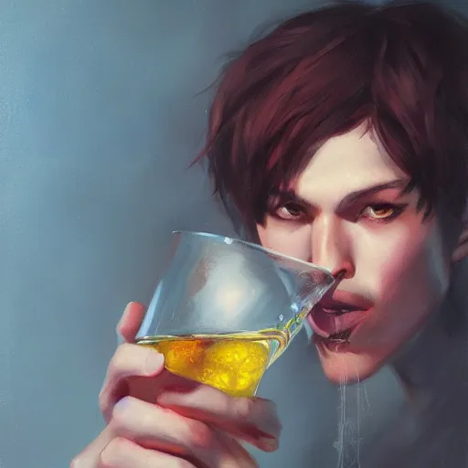 Prompt: a french alcoholic person holding a shot in the air, by ross tran, oil on canvas