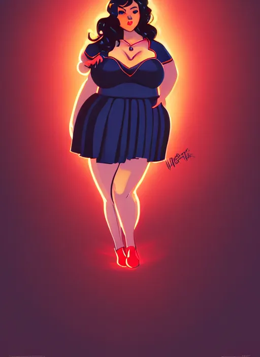 Image similar to full body portrait of teenage veronica lodge, obese, bangs, sultry, realistic, sultry smirk, wavy hair, red skirt, fat, belly, intricate, elegant, glowing lights, highly detailed, digital painting, artstation, concept art, smooth, sharp focus, illustration, art by wlop, mars ravelo and greg rutkowski