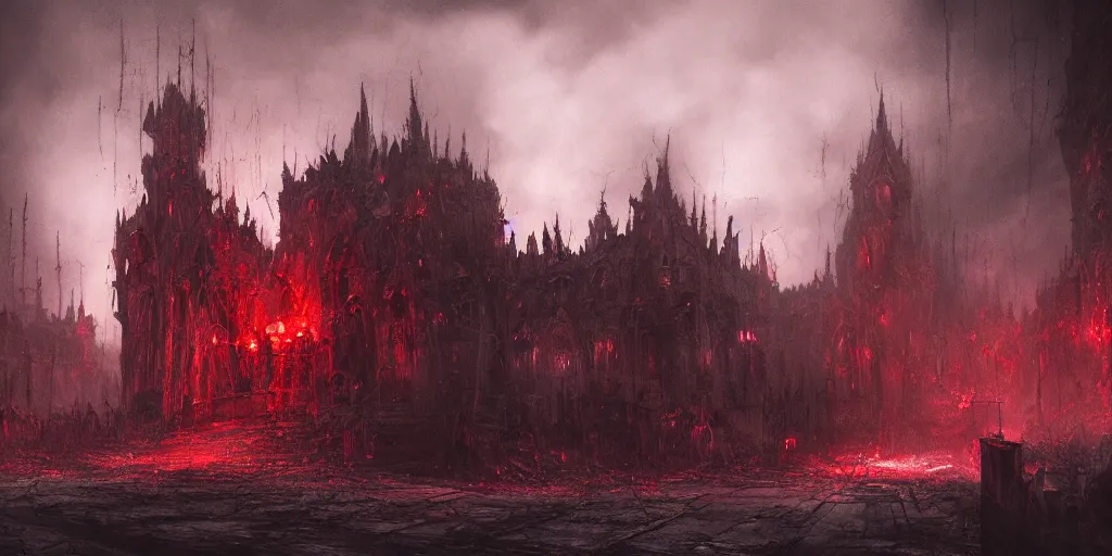 Image similar to grimdark chaos fortress, ruined, terrifying architecture, looming, dark, fog, atmospheric red lighting, dark souls, hyperrealistic, artstation