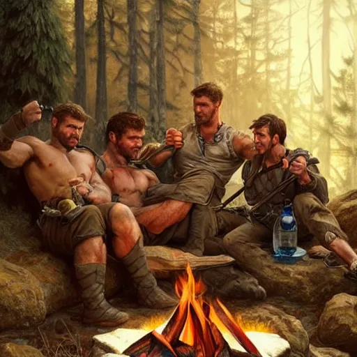 Image similar to Rugged male rangers relaxing by the fire, relaxed, D&D, muscular, after hunting, upper body, fantasy, intricate, elegant, highly detailed, digital painting, artstation, concept art, smooth, sharp focus, illustration, art by artgerm and greg rutkowski and alphonse mucha