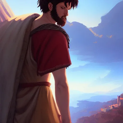 Image similar to young roman man with red hair in a tunic standing on a ridge in greece 4 k, concept art, by wlop, ilya kuvshinov, artgerm, krenz cushart, greg rutkowski, pixiv. cinematic dramatic atmosphere, sharp focus, volumetric lighting, cinematic lighting, studio quality