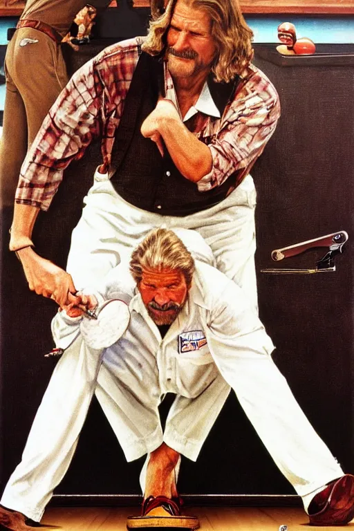 Image similar to Jeff Bridges from the movie The big Lebowski playing bowling painted by Norman Rockwell