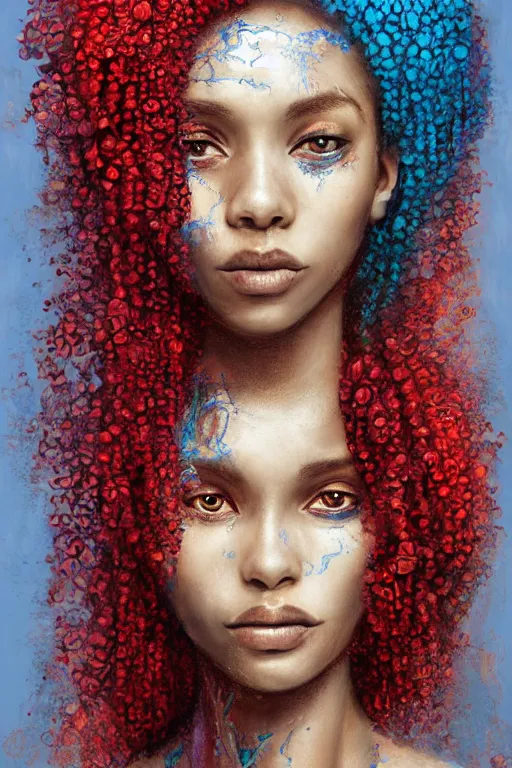 Prompt: portrait of beautiful young maiden, warhammer, afro style, more and more cyberpunk, a lot of more scars, more and more flowers, blue head, some red water, the middle ages, highly detailed, artstation, illustration, artgerm sylvari portrait, 8 k quality, art by alfred kubin