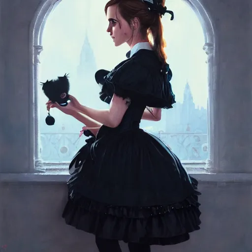 Image similar to highly detailed painting of emma watson wearing a black cat lolita maid dress, stephen bliss, 8 k, by greg rutkowski, artgerm, loish, rhads, global illumination, detailed and intricate environment