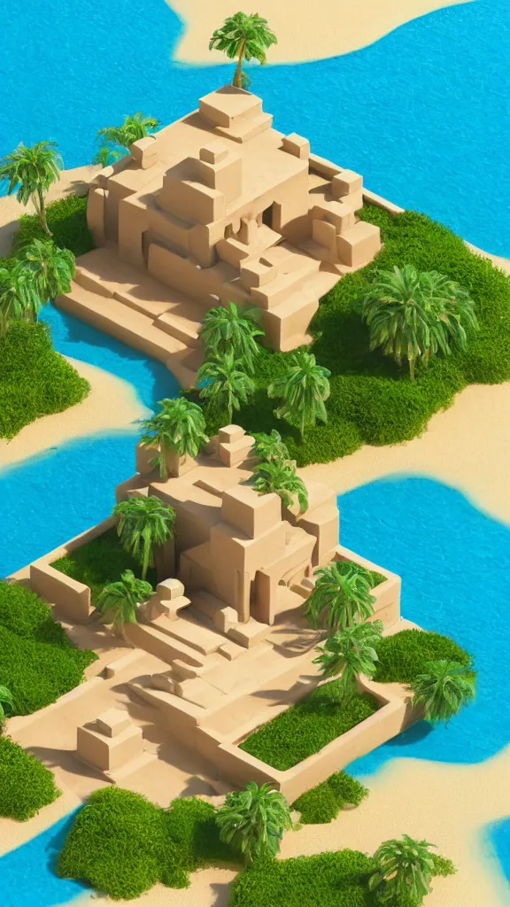 Prompt: matte 3 d scene of a desert temple on a floating island oasis, lat lighting, isometric perspective on tropical beach background, soft shadows, 3 d render, raytracing,