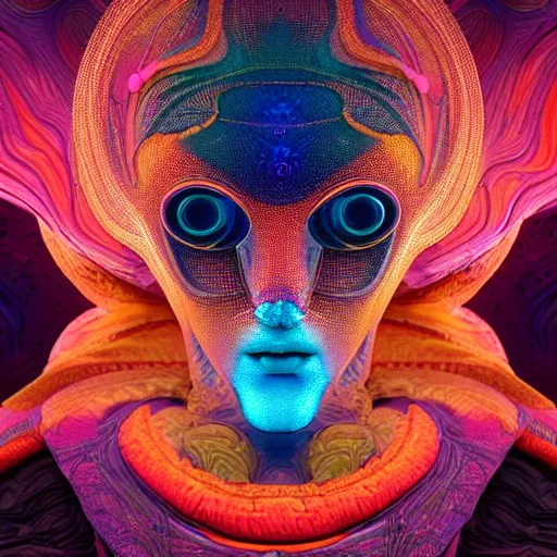 Image similar to Face of a Alien Deity, corals, plume made of geometry, extremly detailed digital painting, sharp focus in the style of android jones, artwork of a futuristic artificial intelligence superstar, mystical colors, rim light, beautiful lighting, 8k, stunning scene, raytracing, octane, under water visual distortion, trending on artstation