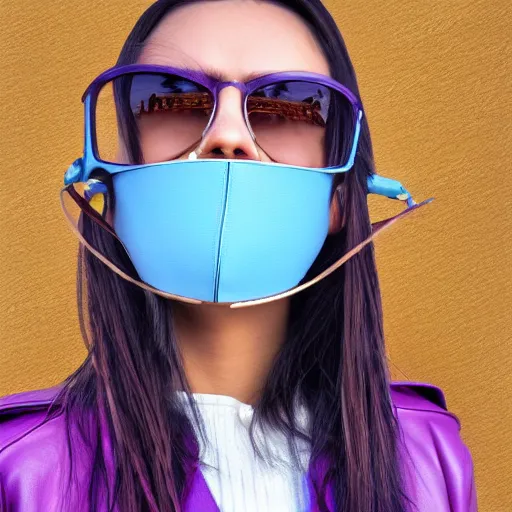 Image similar to closeup painting of a very beautiful young mexican woman with light blue shutter shades, one side haircut, long brown hair with light blue ends, purple leather jacket