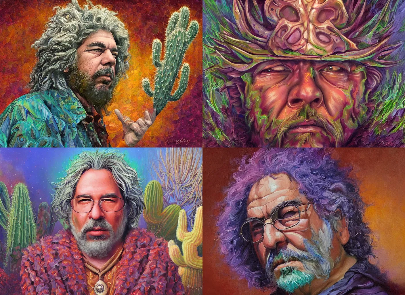 Prompt: grateful dead frontman jerry garcia portrait, peyote cactus desert, oil painting of gloomy abstract surrealist forms by yvonne mcgillivray by mandy jurgens by michael divine, powerful eyes glowing highly detailed painting of gloomy, spiritual abstract forms, symmetrical, artstation, abstract emotional rage expression, fantasy digital art, patterned visionary art, by michael divine, cosmic nebula
