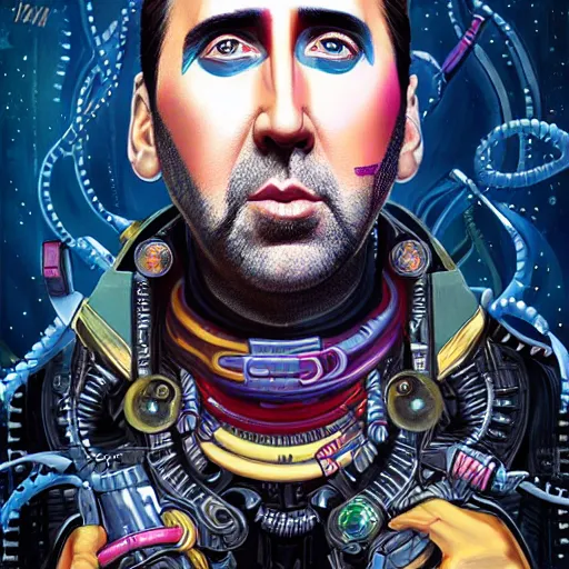 Image similar to Biopunk portrait of Nicolas Cage, by Tristan Eaton Stanley Artgerm and Tom Bagshaw.