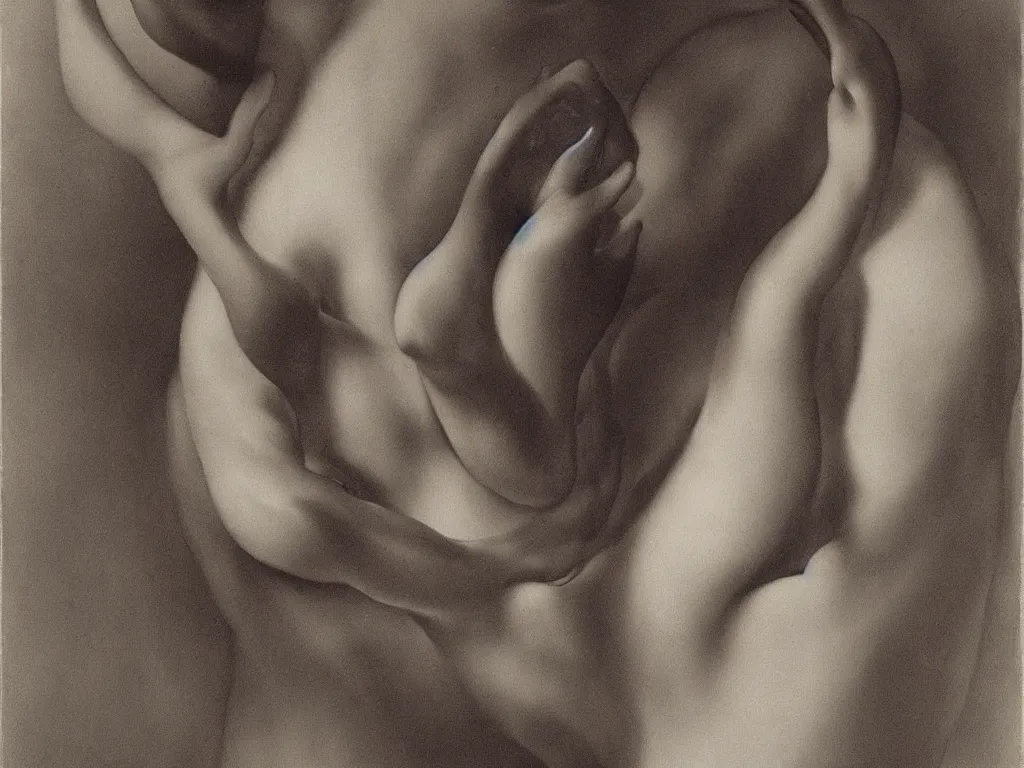 Image similar to hypnotizing orchid at the chest of a woman. Painting by Georges de la Tour, Karl Blossfeldt