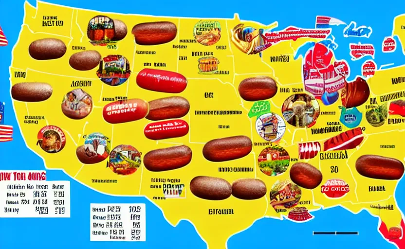 Prompt: hot dogs across america map, detailed, map key, tourist map, brochure