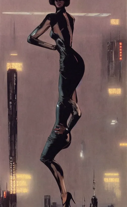 Image similar to an elegant Black woman in dress and heels, her back is to us, looking at a futuristic Blade Runner city, by Robert McGinnis.