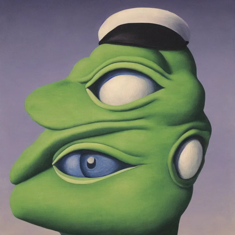 Image similar to cloud - man but pepe the frog, by rene magritte, centered, detailed painting, hd, hq, high resolution, high detail, 4 k, 8 k