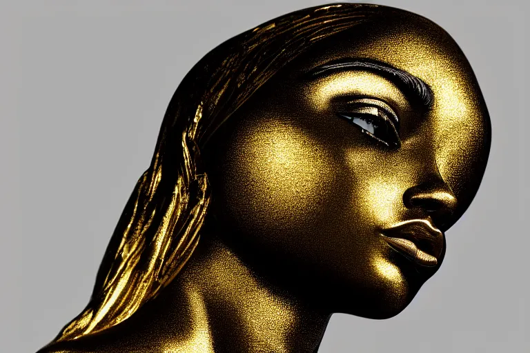 Image similar to hyperdetailed masterpiece portrait of a glossy black marble statue of a woman covered in gold metallic liquid in the style of virgil abloh, offwhite, heron prestorn, denoise, vogue, paris, fashion, louvre museum, highly detailed, realistic, hyperreal, 8 k, 4 k, render