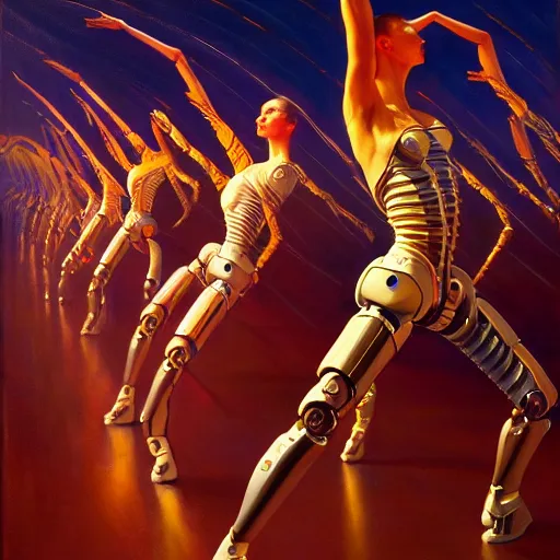 Prompt: synthetic cyborg dancing ballet, beautiful colour palette, oil paint on canvas, sharp textures, biotechnology, nikolay georgiev, alex ross, bruce pennington, donato giancola, larry elmore, masterpiece, trending on artstation, featured on pixiv, cinematic composition, sharp, details, hyper - detailed, hd, hdr, 4 k, 8 k