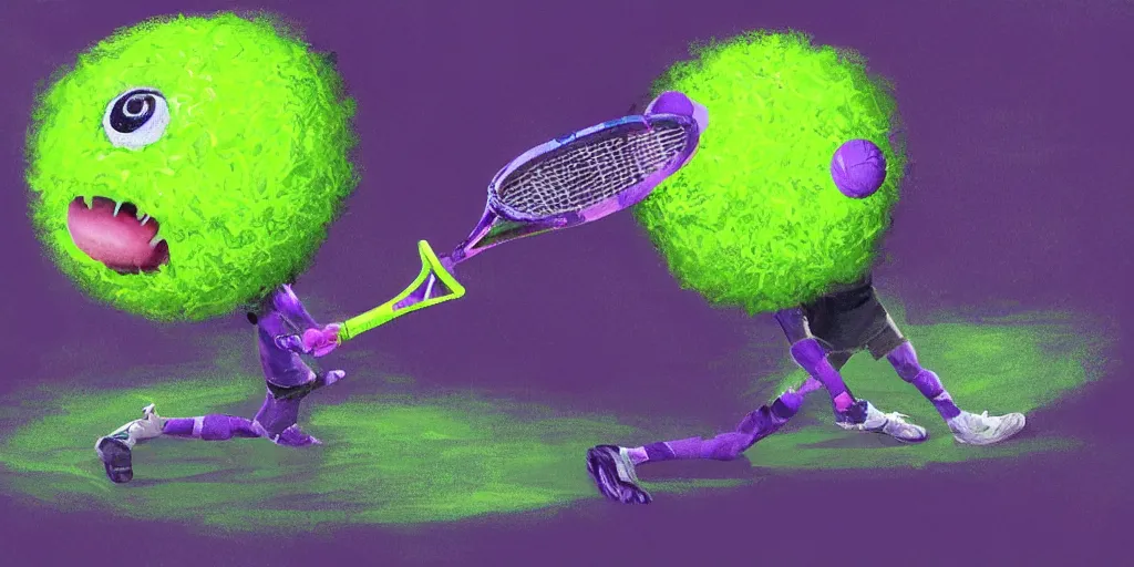 Image similar to tennis ball monster playing on a tennis court, tennis net, tennis stadium, purple, digital art, fantasy, magic, chalk, chalked, trending on artstation, ultra detailed, detailed, fine details, professional illustration by basil gogos