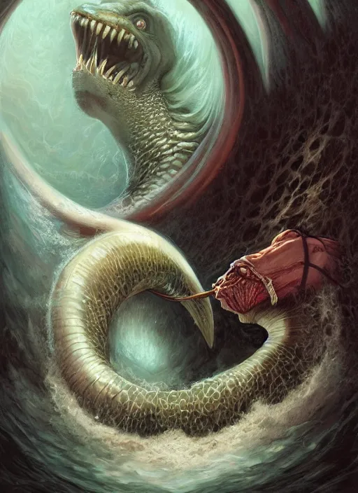 Image similar to portrait of a vampire!!!! with a sea lamprey!!!! mouth!!!, in the styles of ( national geographic ), jim warren, peter mohrbacher, gerald brom, and marc simonetti, intricate, hyperrealistic, volumetric lighting