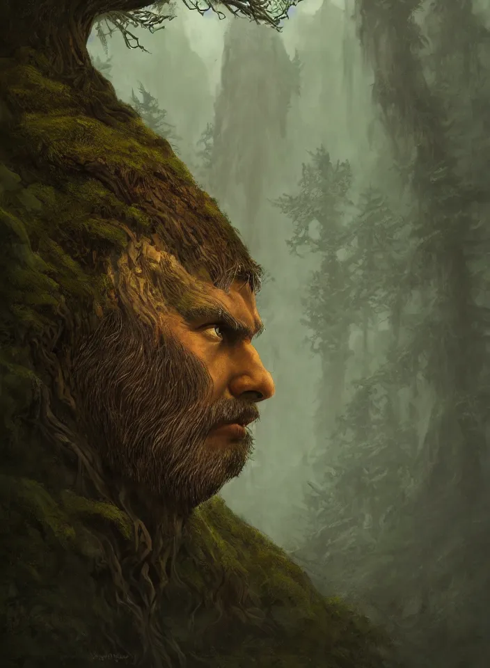 Prompt: a face portrait of the tree god guarding the temperate forests from skyrim, fantasy setting, serene environment, serene colors, soft lighting, atmospheric, cinematic, moody, in the style of diego koi, gina heyer, luiz escanuela, art by alyssa monk, hyperrealism, rule of thirds, golden ratio, oil on canvas, 8 k