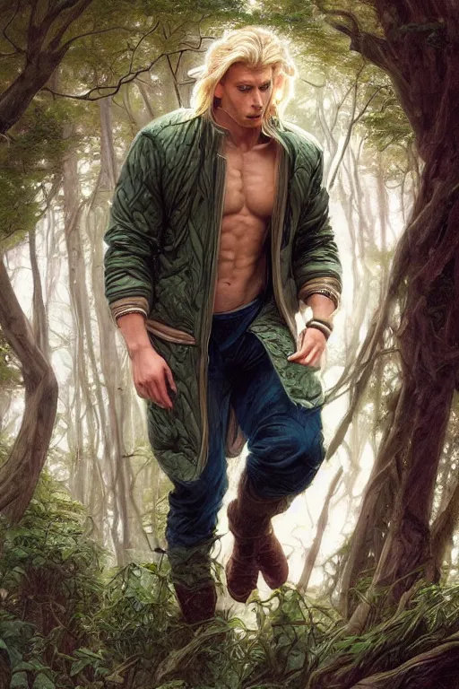 Image similar to portrait of a blonde herculian man in a bomber - jacket, flowing hair, forest, full body, muscular, fantasy, intricate, elegant, highly detailed, digital painting, artstation, concept art, sharp focus, illustration, art by artgerm and greg rutkowski and alphonse mucha