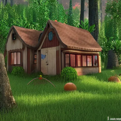 Image similar to funny house, 3d, rendering, realistic, forest, pixar and disney style