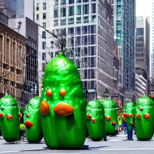 Prompt: a parade of stuffed pickle ricks marching down 5 th ave manhattan on st. patrick's day, 8 k, photo realistic, extremely life like