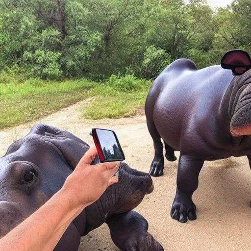 Image similar to photo of dog an hippopotamus taking a selfie