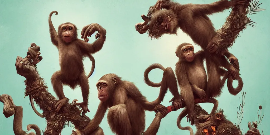 Prompt: A menagerie of happy apes and monkeys, fantasy, elegant, very detailed, artstation