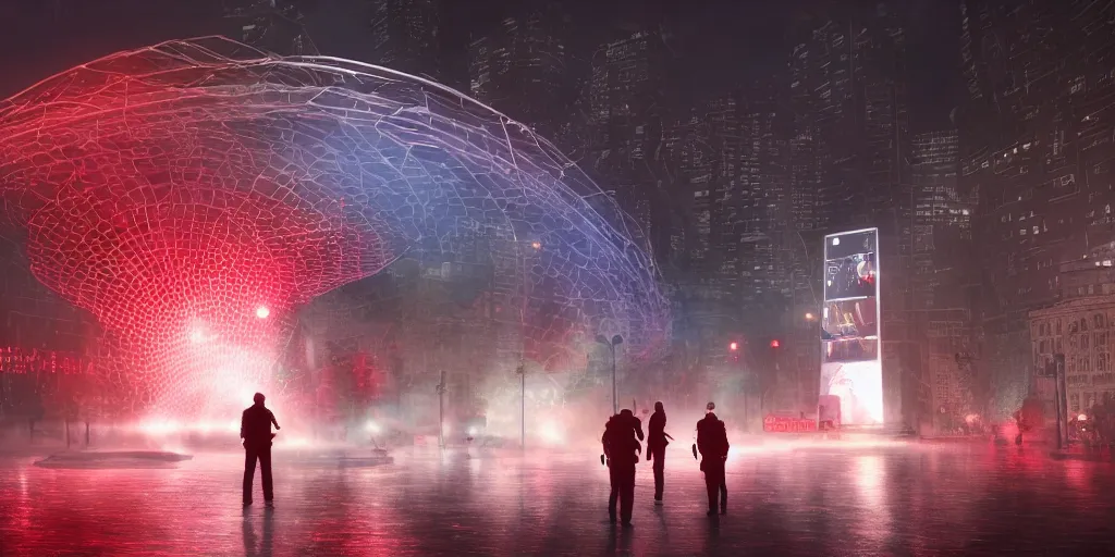 Prompt: policemen protecting a huge red spiral - shaped bright white luminous attractor right in the center of the city from protesting people,, rain and light fog, professional lighting, concept art in 3 d, high detail, professional lighting, unreal engine