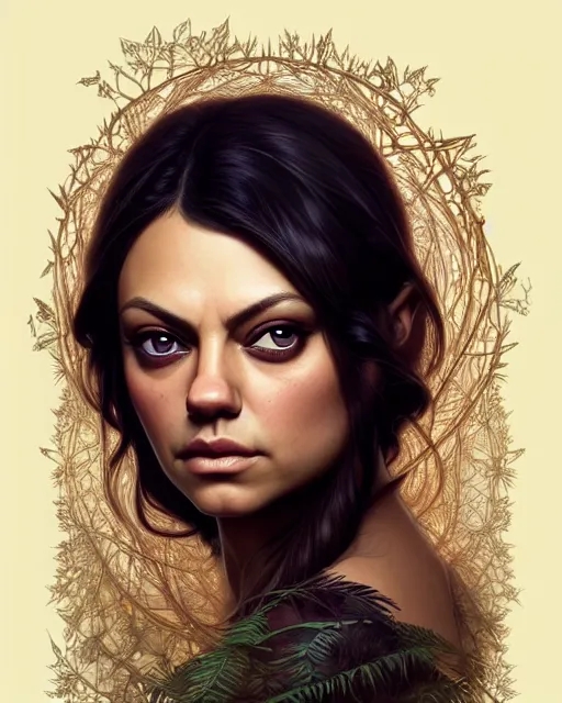 Image similar to symmetry portrait of mila kunis princess, forest background, intricate, elegant, highly detailed, digital painting, artstation, concept art, smooth, sharp focus, illustration, art by artgerm and greg rutkowski and fra angelico and alphons mucha