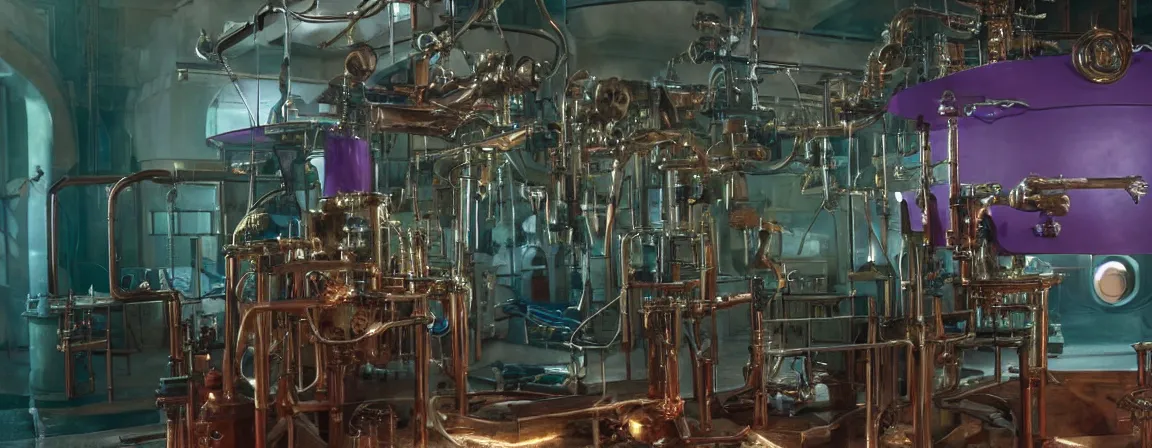 Image similar to a super high resolution film still of machine apparatus for making snake oil, huge copper machine with purple and green intricate pipework, art by andrey remnev, and bruce pennington, directed by denis villeneuve, cinematography by robby muller, fine detail, kodachrome 8 k, snake machine, cinematic lighting