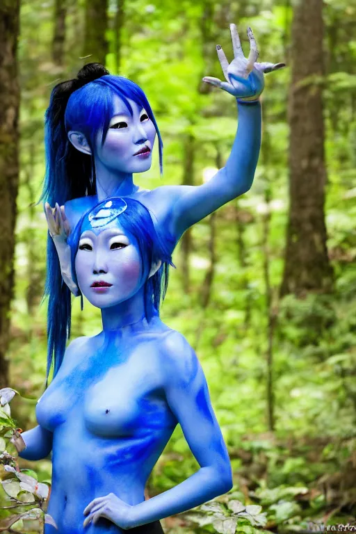 Prompt: a korean woman dressed as a blue-skinned female navi from avatar standing in a forest, blue body paint, high resolution film still, 8k, HDR colors, cosplay, outdoor lighting, high resolution photograph, photo by bruce weber, beautiful symmetric face