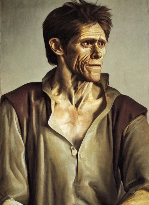 Image similar to portrait painting of 4 0 year old willem dafoe, renaissance oil painting, studious chiaroscuro