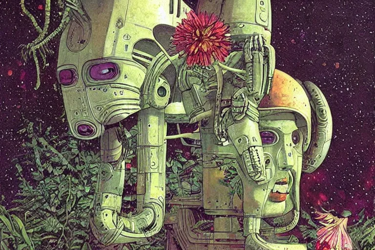 Image similar to gigantic robot - girl head floating in the space, a lot of exotic plants, trees, flowers, oldschool vintage sci - fi flat surreal grainy design, super - detailed, painting by enki bilal and moebius