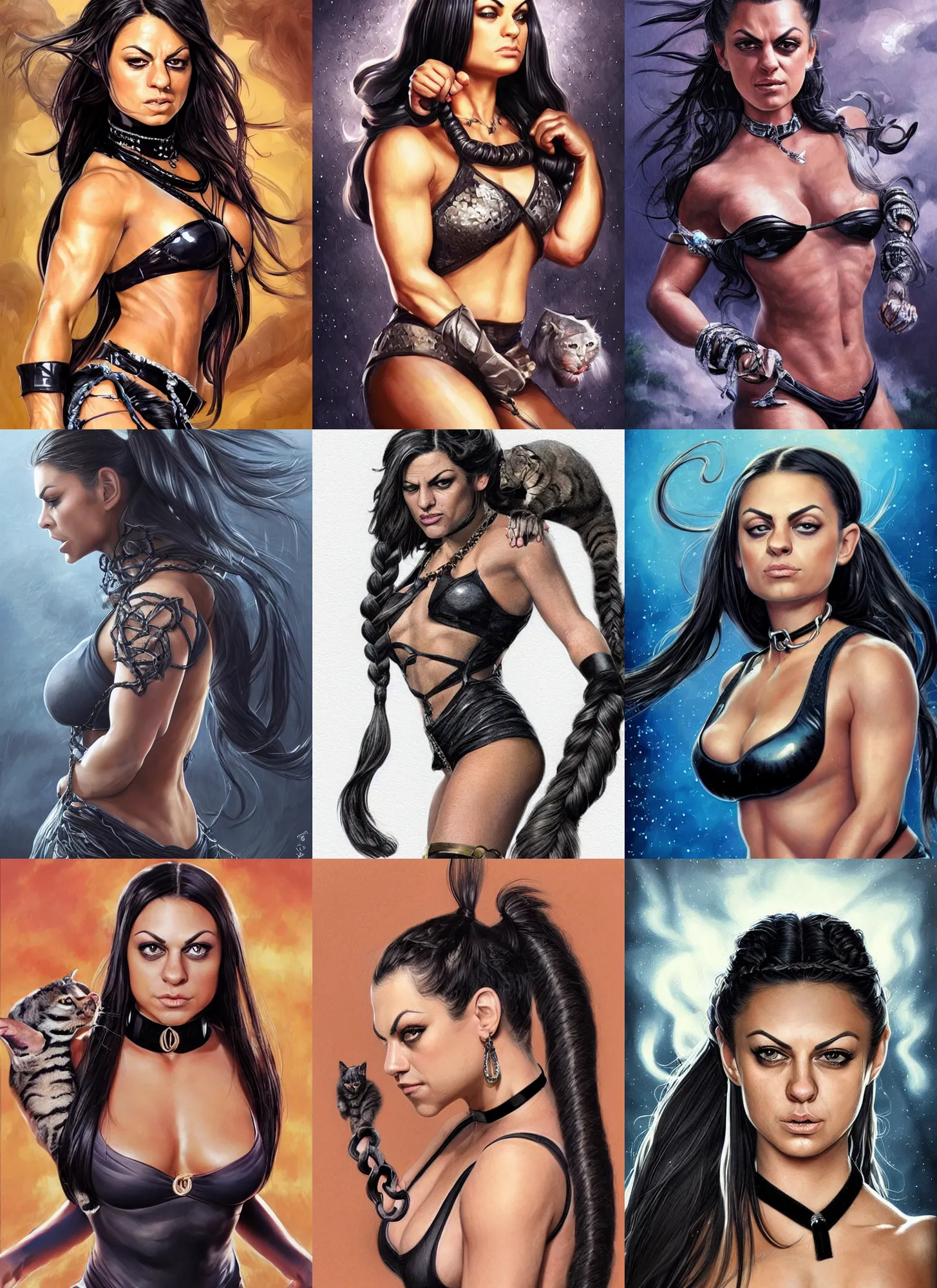 Prompt: muscled Mila Kunis with braided pigtails hair riding her giant mean looking kitty cat, shiny sparkling diamonds, mouth slightly open, wearing intricate black choker, elegant, highly detailed, centered, digital painting, artstation, concept art, smooth, sharp focus, illustration, artgerm, donato giancola, Joseph Christian Leyendecker, WLOP, Boris Vallejo, Artgerm