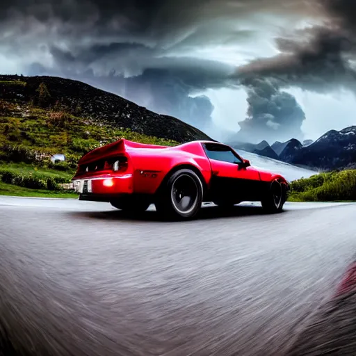 Prompt: black pontiac firebird trans - am driving towards the camera, huge spider creature in the background, norway mountains, valley, lake, dynamic, cinematic, motionblur, volumetric lighting, wide shot, low angle, red glow in sky, large lightning storm