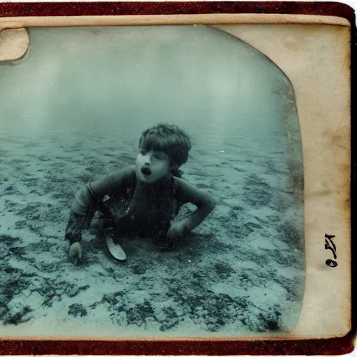 Prompt: tintype photo, swimming deep underwater, kid with huge crab