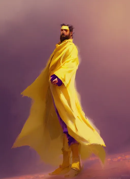 Prompt: concept art of a character wearing a yellow and purple robe by greg rutkowski and artgem, detailed, digital art, trending on artstation, hyper - realistic