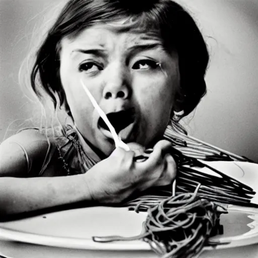 Image similar to girl eats spaghetti and crying spaghetti, style of Salvador Dali