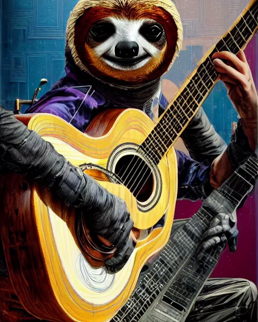 Image similar to a portrait of an anthropomorphic cyberpunk sloth strumming a 1 2 string acoustic guitar by sandra chevrier, by jon foster, detailed render, tape deck, epic composition, cybernetics, 4 k realistic, cryengine, realistic shaded lighting, sharp focus, masterpiece, by enki bilal