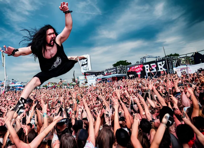 Image similar to photo still of andrew wk at the vans warped tour!!!!!!!! at age 3 6 years old 3 6 years of age!!!!!!!! stage diving into the crowd, 8 k, 8 5 mm f 1. 8, studio lighting, rim light, right side key light